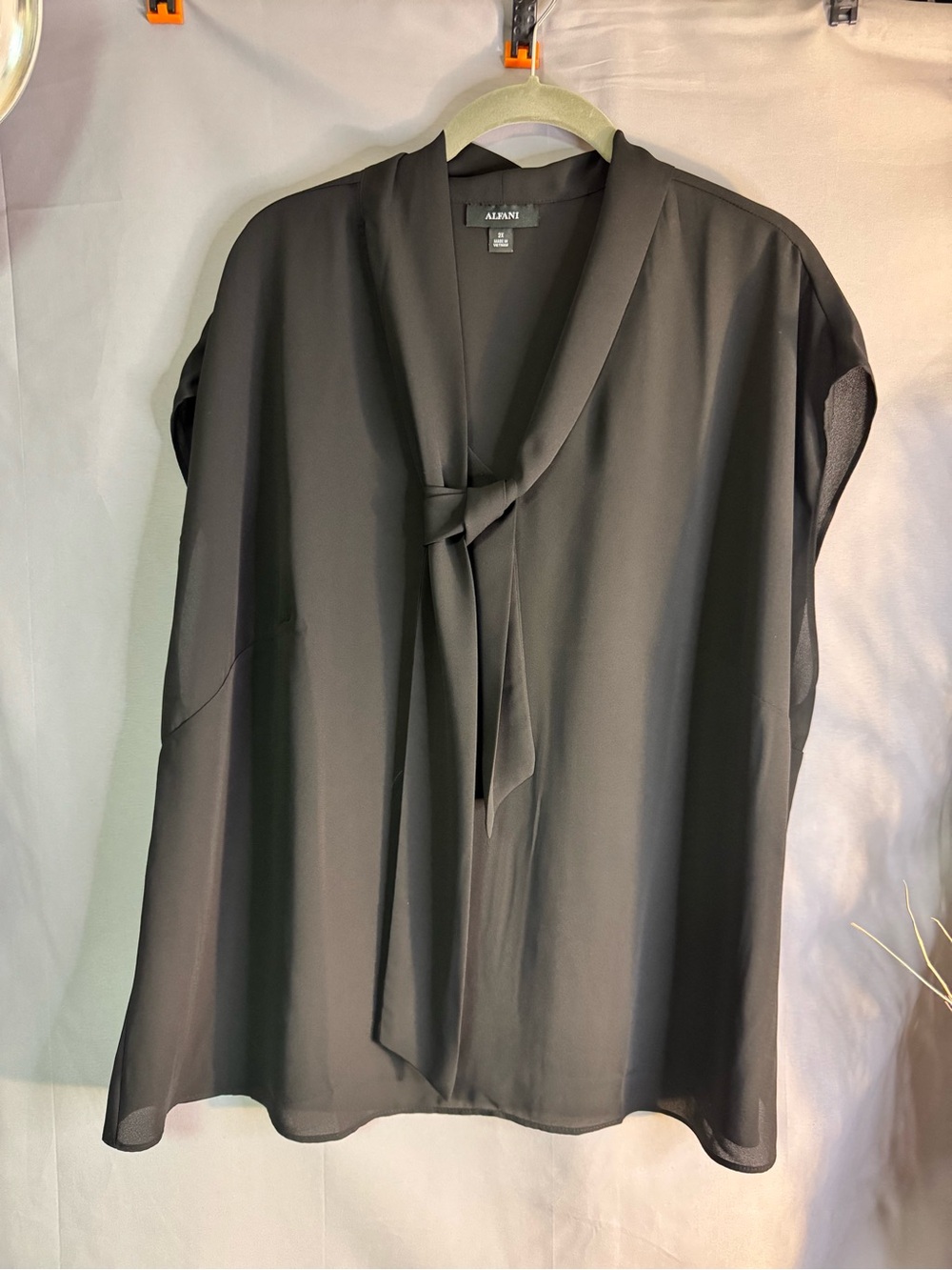 Alfani Black Tie-Neck Blouse with Draped Neck Tie